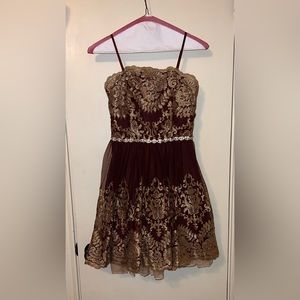 Jodi Kristopher Prom Dress, Burgundy Dress, Gold Jeweled Waist Band